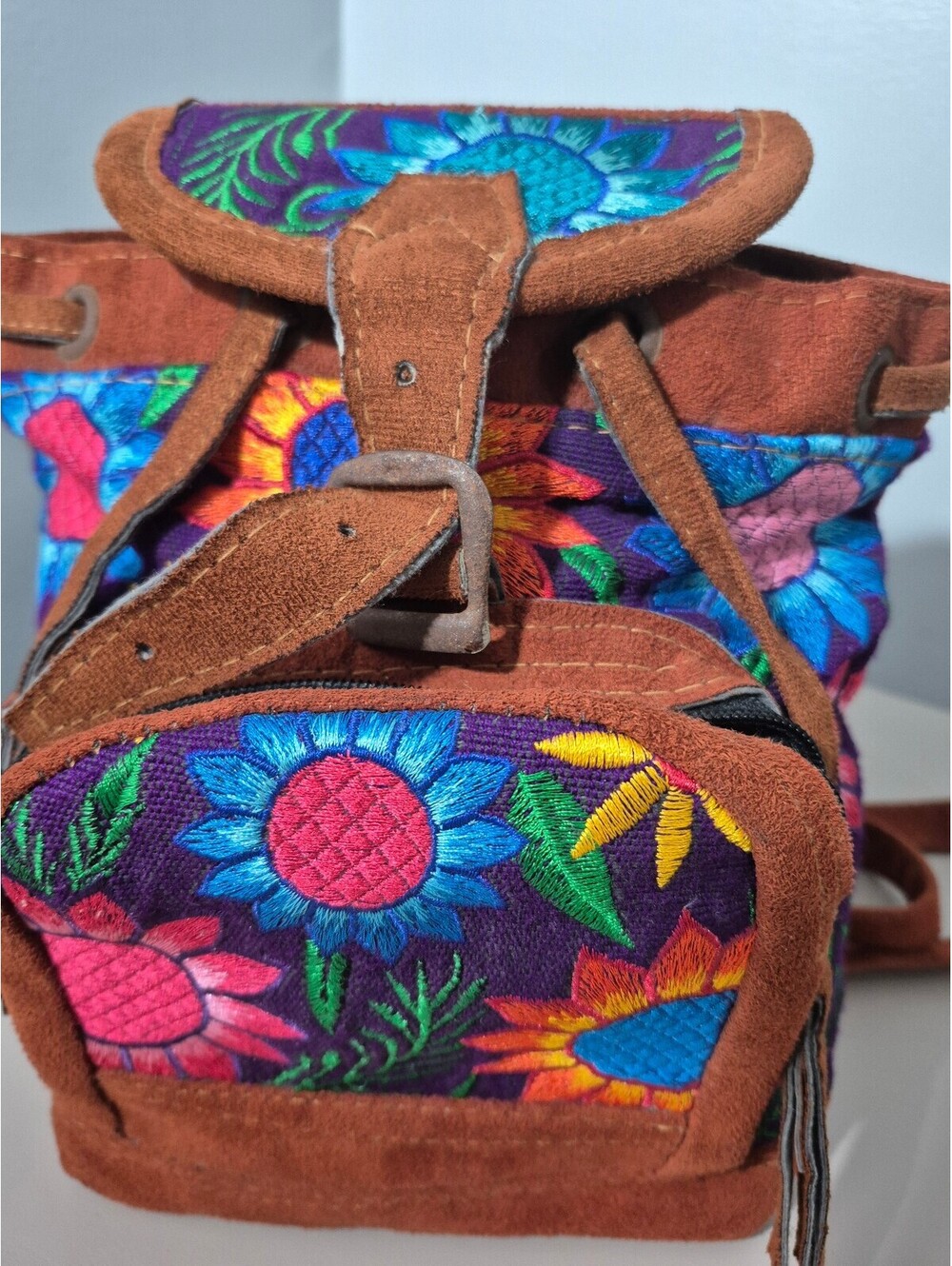 Vintage Boho Embroidered Floral Suede Leather Mini Backpack Handmade Artisan - Picture 3 of 8